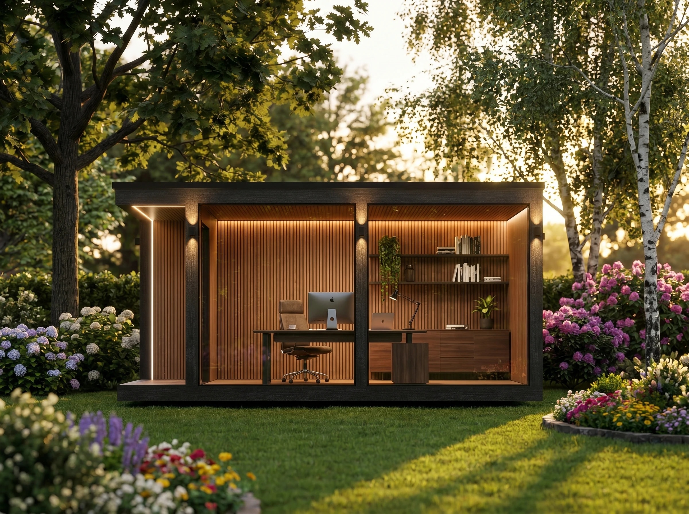 MODUM Garden Office visualisation with a desk and shelving behind full-height glazing